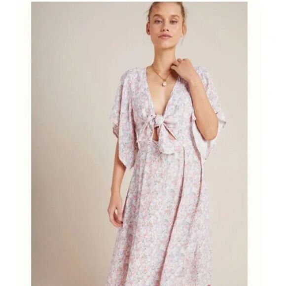 Faithful the Brand "Massimo" Pink Floral Tie Front Flare Sleeve Midi Dress sz 4 - Picture 1 of 11